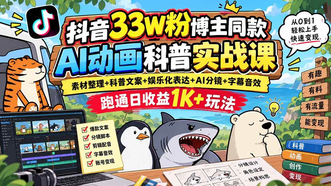 （20510期）抖音33W粉博主同款AI动画科普实战课｜素材整理+科普文案+娱乐化表达+AI分镜+字幕音效，跑通日收益1K+玩法-选优云网创