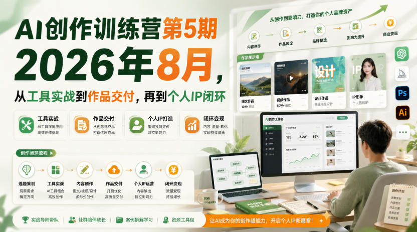 AI创作训练营第5期2026年8月，从工具实战到作品交付，再到个人IP闭环-选优云网创