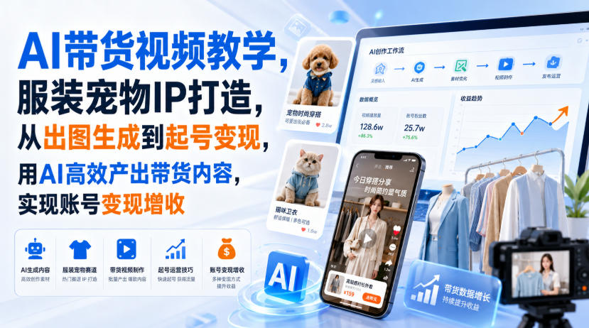 AI带货视频教学，服装宠物IP打造，从出图生成到起号变现，用AI高效产出带货内容，实现账号变现增收-选优云网创