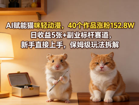 AI赋能猫咪轻动漫,40个作品涨粉152.8W,日收益5张+副业标杆赛道,新手直接上手,保姆级玩法拆解-选优云网创