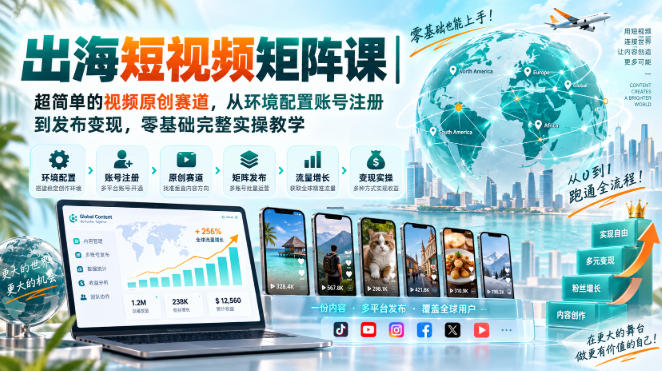 出海短视频矩阵课｜超简单的视频原创赛道，从环境配置账号注册到发布变现，零基础完整实操教学-选优云网创