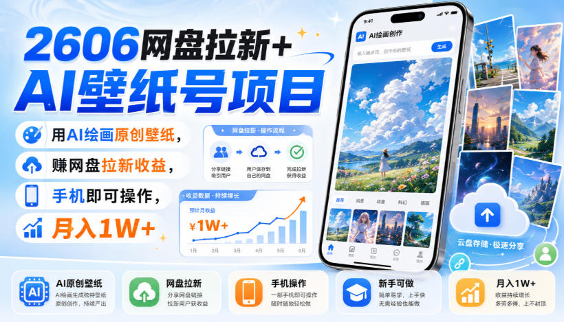 2606网盘拉新+AI壁纸号项目，用AI绘画原创壁纸，賺网盘拉新收益，手机即可操作，月入1W+-选优云网创