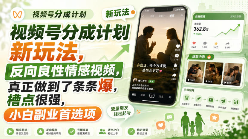 视频号分成计划新玩法，反向良性情感视频，真正做到了条条爆，槽点很强，小白副业首选项-选优云网创