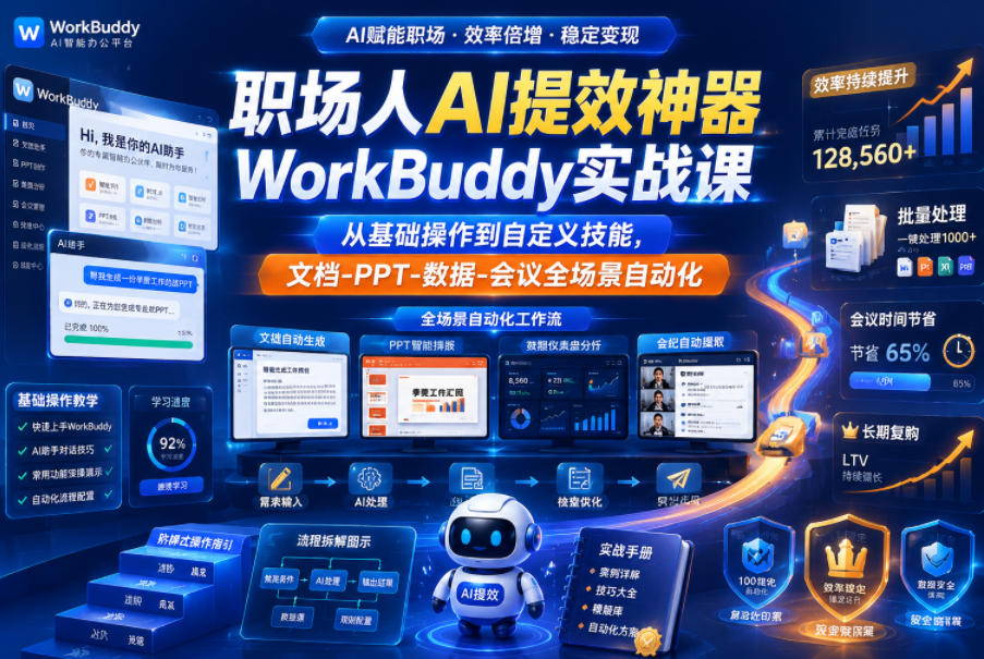 职场人AI提效神器WorkBuddy实战课,从基础操作到自定义技能,文档-PPT-数据-会议全场景自动化-选优云网创