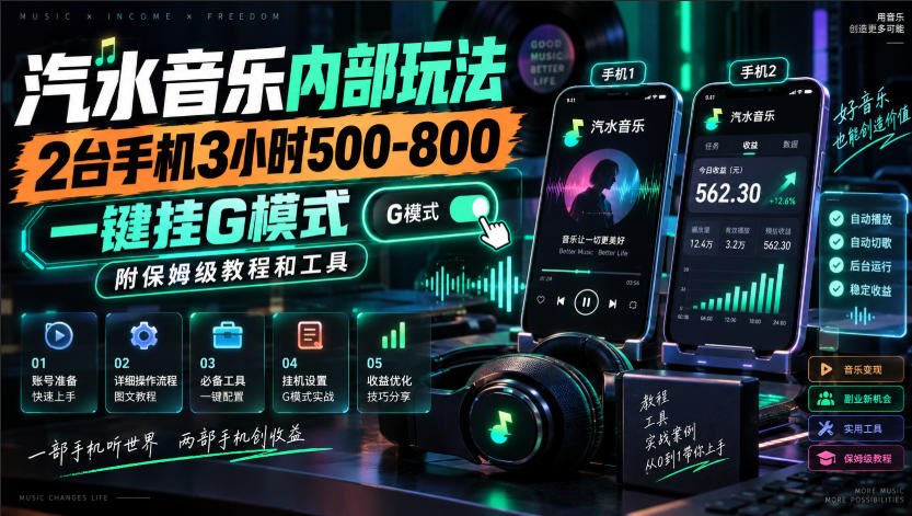 汽水音乐内部玩法，2台手机3小时500-800，一键挂G模式，附保姆级教程和工具【揭秘】-选优云网创