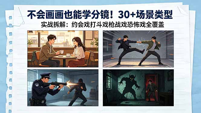 不会画画也能学分镜！30+场景类型实战拆解：约会戏打斗戏枪战戏恐怖戏全覆盖-选优云网创