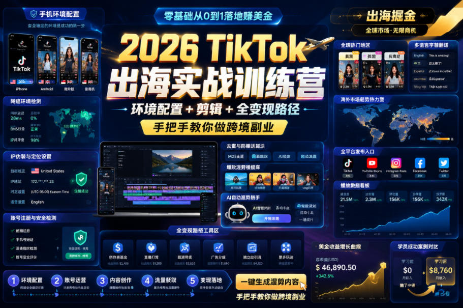 2026 TikTok出海实战训练营，环境配置 + 剪辑 + 全变现路径，手把手教你做跨境副业-选优云网创