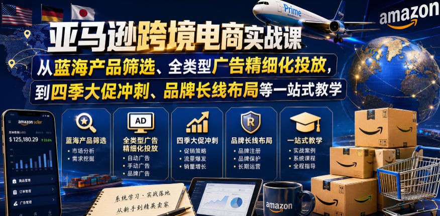 亚马逊跨境电商实战课，从蓝海产品筛选、全类型广告精细化投放，到四季大促冲刺、品牌长线布局等一站式教学-选优云网创