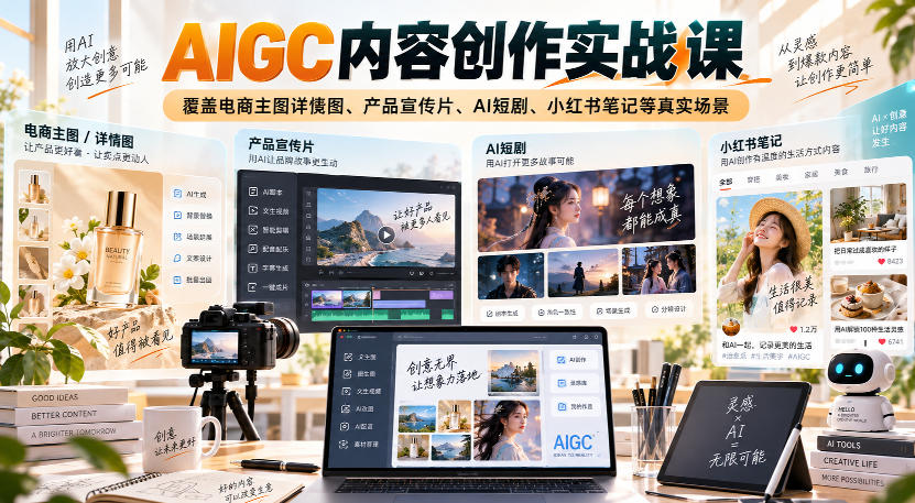 AIGC内容创作实战课,覆盖电商主图详情图、产品宣传片、AI短剧、小红书笔记等真实场景-选优云网创