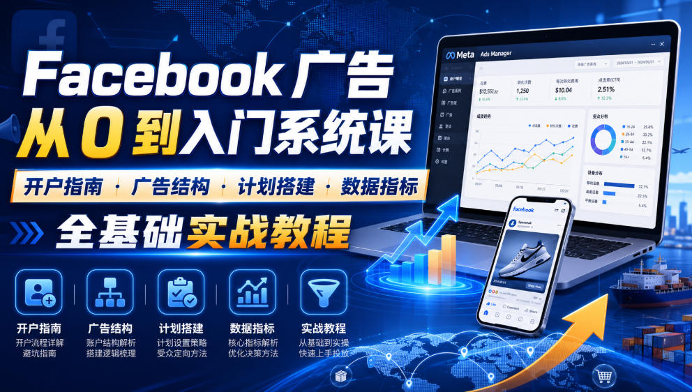 Facebook广告新手从0到入门系统课｜开户指南・广告结构・计划搭建・数据指标全基础实战教程-选优云网创