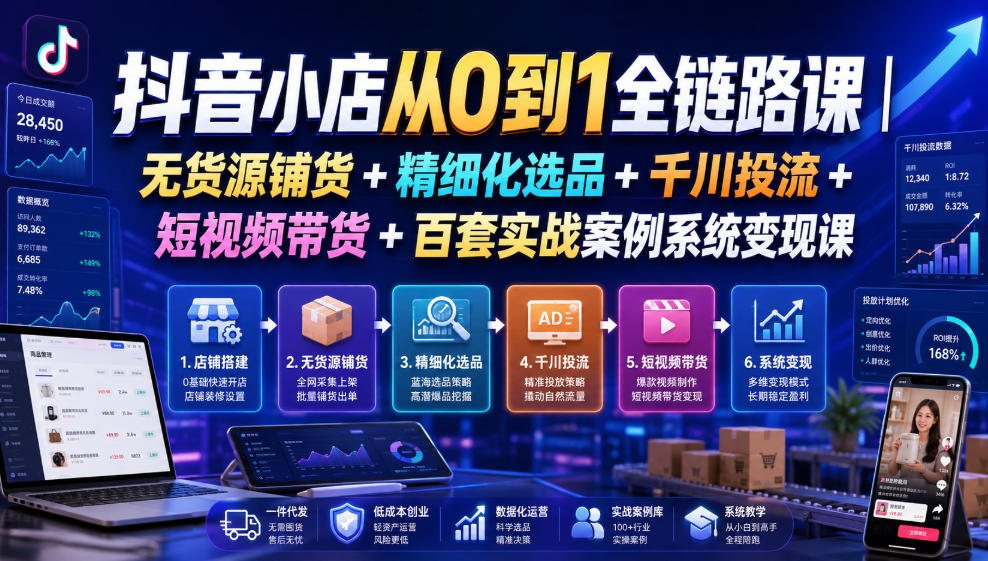 抖音小店从0到1全链路课｜无货源铺货+精细化选品+千川投流+短视频带货+百套实战案例系统变现课(2026年7月更新)-选优云网创
