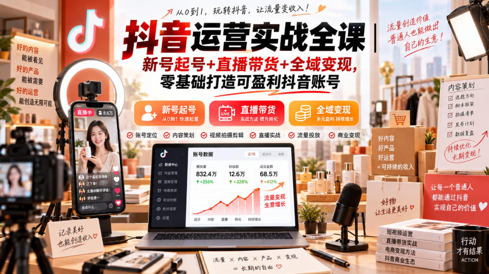 抖音运营实战全课｜新号起号+直播带货+全域变现，零基础打造可盈利抖音账号-选优云网创