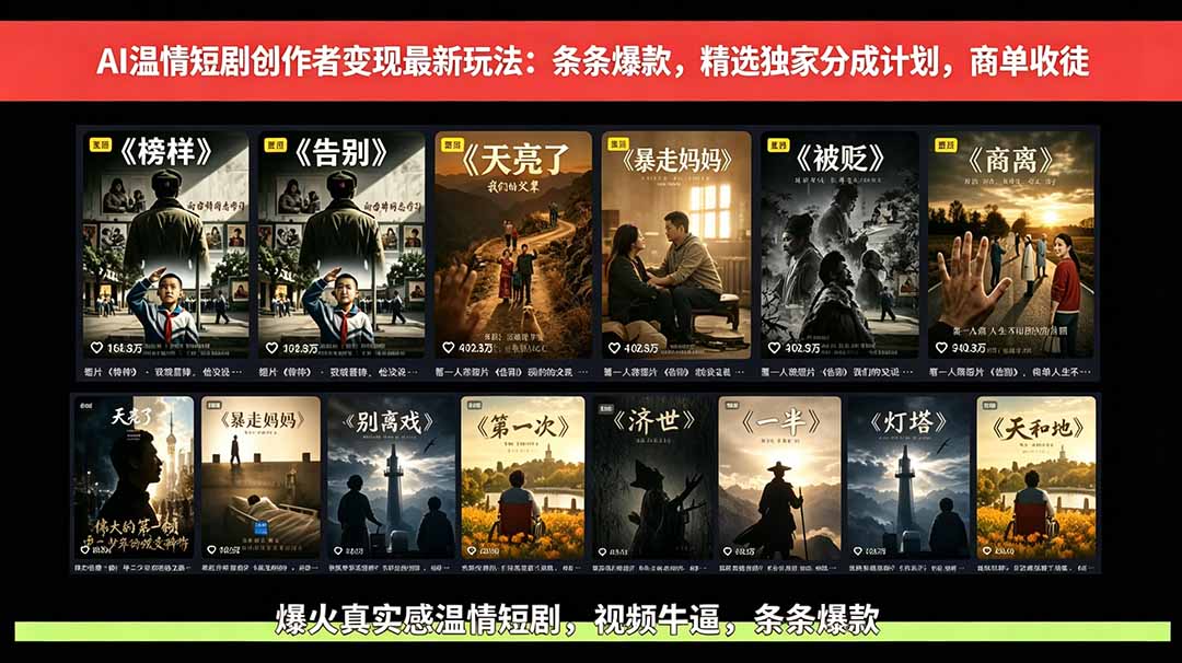 AI温情短剧创作者变现最新玩法：视频牛逼，条条爆款，精选独家分成计划，商单收徒-选优云网创