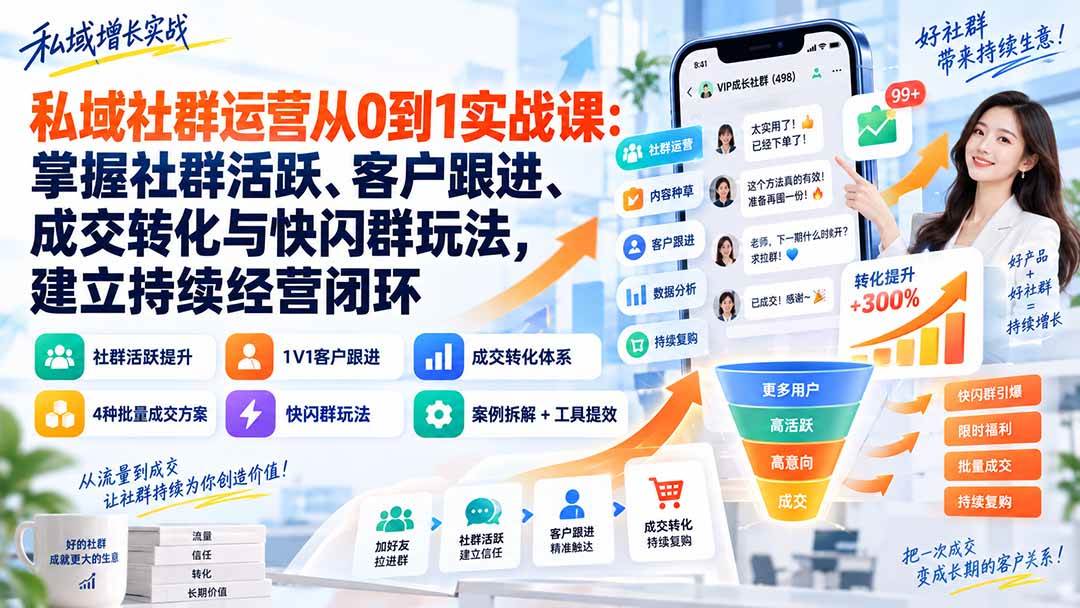 (20428期)私域社群运营从0到1实战课:掌握社群活跃、客户跟进、成交转化与快闪群玩法,建立持续经营闭环-选优云网创