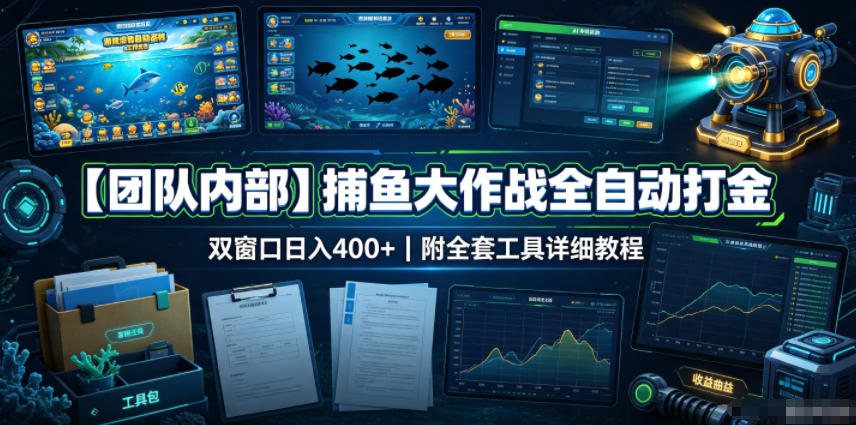 【团队内部】捕鱼大作战全自动打金，双窗口日入400+，附全套工具详细教程【揭秘】-选优云网创