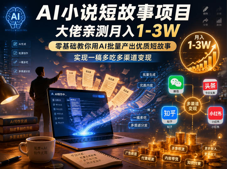 AI小说短故事项目，大佬亲测月入1-3W，零基础教你用AI批量产出优质短故事，实现一稿多吃多渠道变现(更新0624)-选优云网创