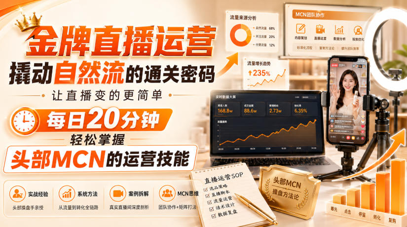金牌直播运营撬动自然流的通关密码，让直播变的更简单，每日20分钟，轻松掌握头部MCN的运营技能-选优云网创