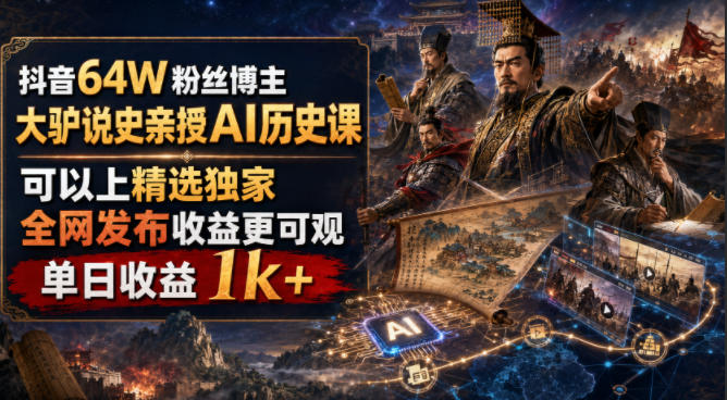 抖音64W粉丝博主大驴说史亲授AI历史课，可以上精选独家，全网发布收益更可观，单日收益1k+（更新）-选优云网创
