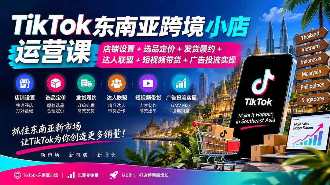 （20483期）TikTok东南亚跨境小店运营课：店铺设置+选品定价+发货履约+达人联盟+短视频带货+广告投流实操-选优云网创