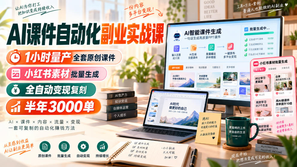 AI课件自动化副业实战课，1小时量产全套原创课件，小红书素材批量生成，全自动变现复刻，半年3000单-选优云网创