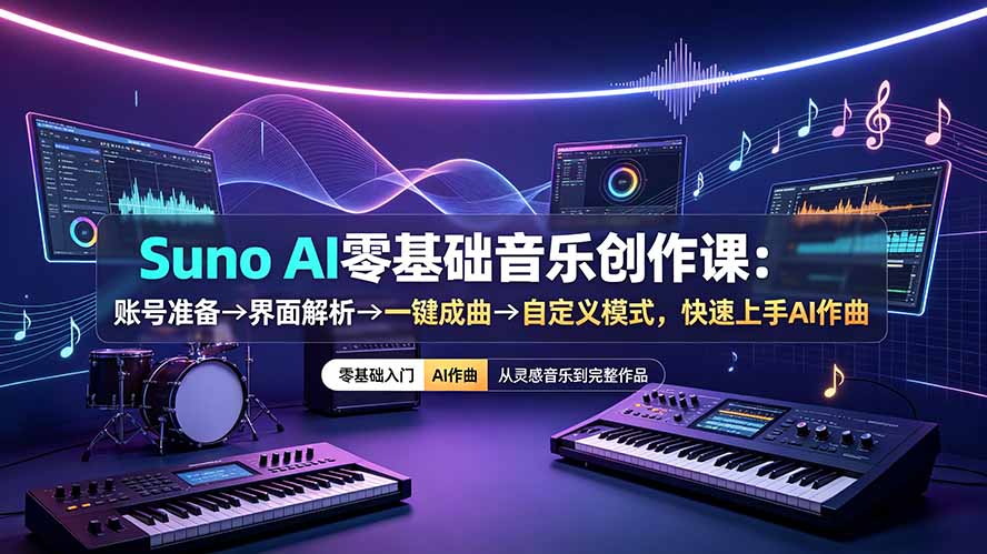 Suno AI零基础音乐创作课：账号准备→界面解析→一键成曲→自定义模式，快速上手AI作曲-选优云网创