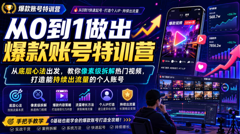 从0到1做出爆款账号特训营，从底层心法出发，教你像素级拆解热门视频，打造能持续出流量的个人账号-选优云网创