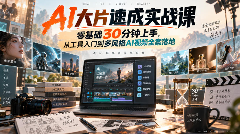 AI大片速成实战课｜零基础30分钟上手，从工具入门到多风格AI视频全案落地-选优云网创