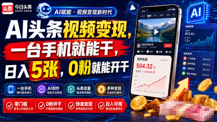 AI头条视频变现,一台手机就能干,日入5张,0粉就能开干-选优云网创