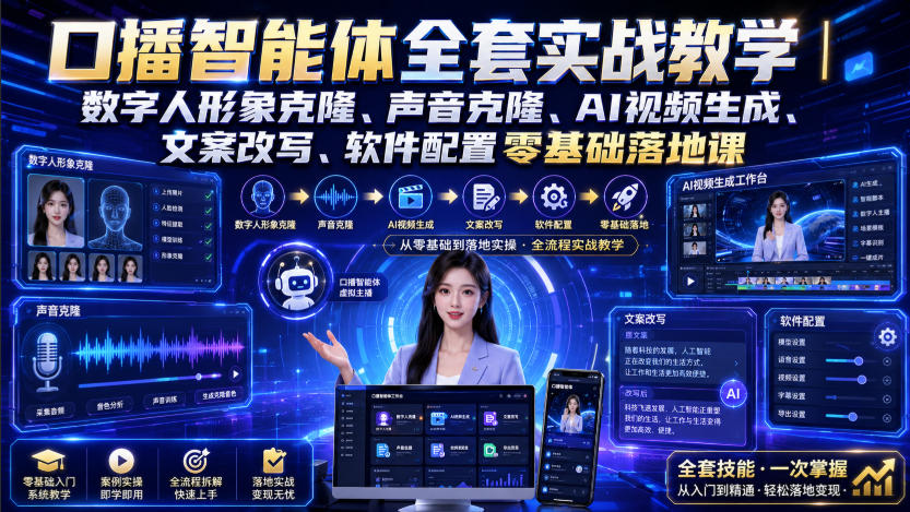 口播智能体全套实战教学｜数字人形象克隆、声音克隆、AI视频生成、文案改写、软件配置零基础落地课-选优云网创