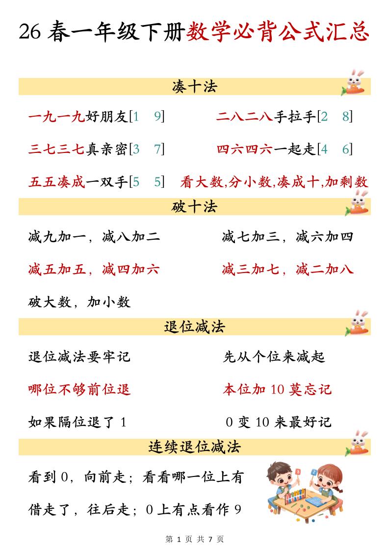 26春一年级下数学期末必背公式汇总-选优云网创