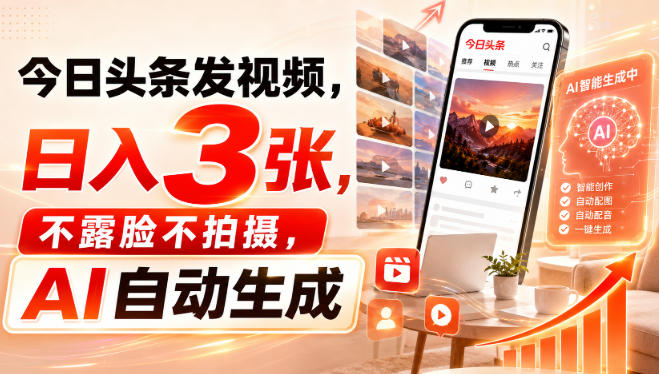今日头条发视频，日入3张，不露脸不拍摄，AI自动生成-选优云网创