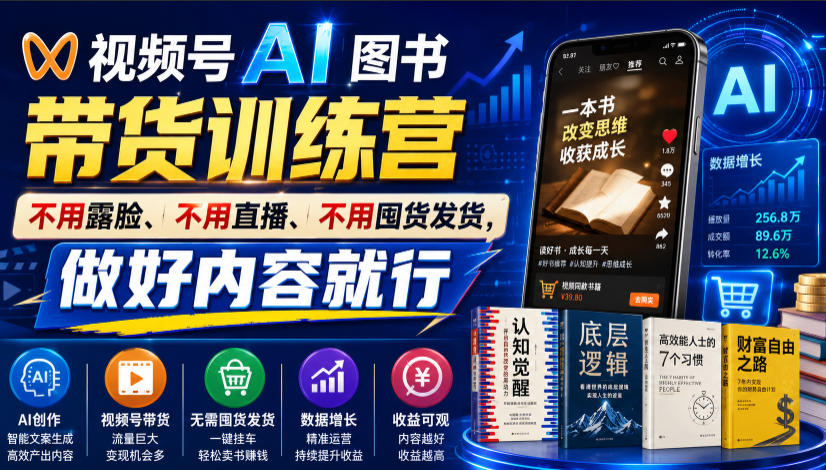 视频号AI图书带货训练营，不用露脸、不用直播、不用囤货发货，做好内容就行，一条爆款视频佣金8942-选优云网创