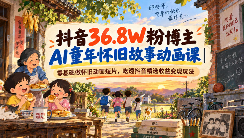 抖音36.8W粉博主AI童年怀旧故事动画课｜零基础做怀旧动画短片，吃透抖音精选收益变现玩法-选优云网创