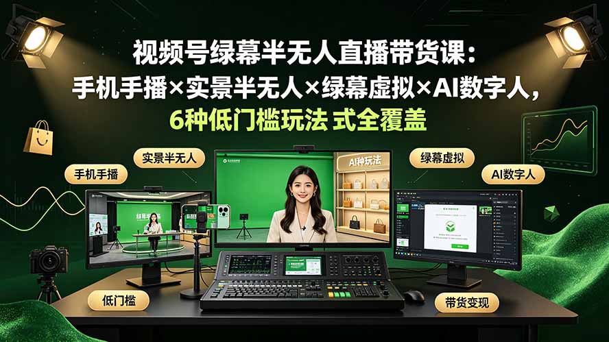 视频号绿幕半无人直播带货课：手机手播×实景半无人×绿幕虚拟×AI数字人，6种低门槛玩法全覆盖-选优云网创