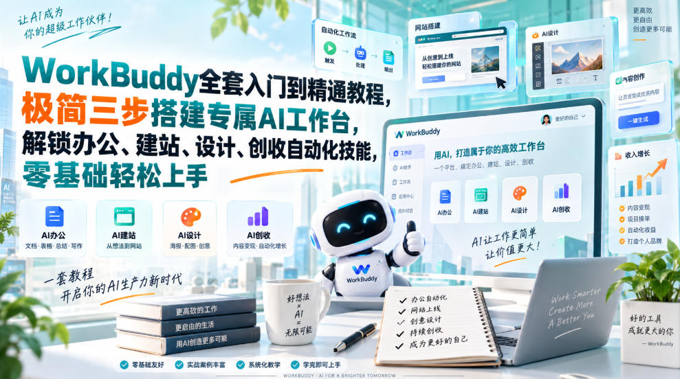 WorkBuddy全套入门到精通教程，极简三步搭建专属AI工作台，解锁办公、建站、设计、创收自动化技能，零基础轻松上手-选优云网创