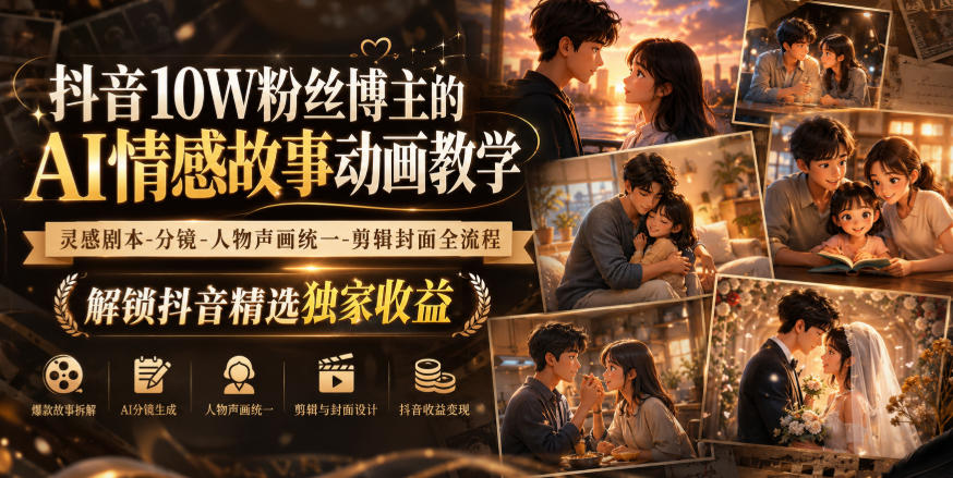 抖音10W粉丝博主的AI情感故事动画教学,灵感剧本‑分镜‑人物声画统一‑剪辑封面全流程,解锁抖音精选独家收益-选优云网创