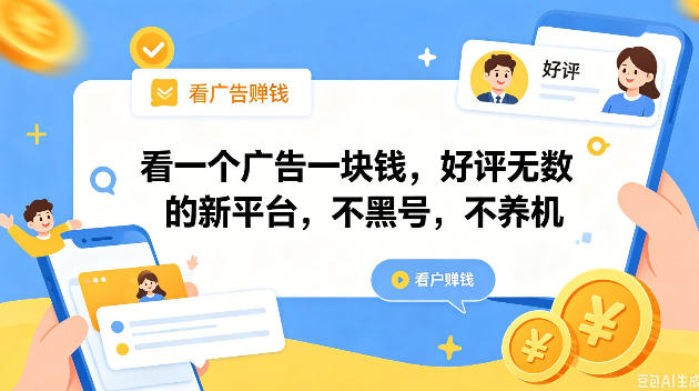 看一个广告一块钱，好评无数的新平台，不黑号，不养机，一撸几十块钱还是不错的【揭秘】-选优云网创