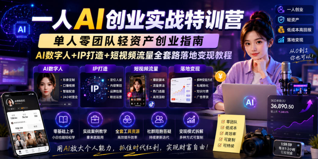 一人AI创业实战特训营，单人零团队轻资产创业指南，AI数字人+IP打造+短视频流量全套路落地变现教程-选优云网创