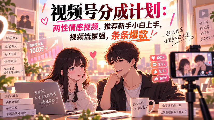 视频号分成计划：两性情感视频，推荐新手小白上手，视频流量强，条条爆款-选优云网创