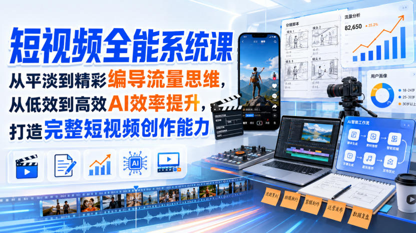 短视频全能系统课，从平淡到精彩编导流量思维，从低效到高效AI效率提升，打造完整短视频创作能力（完整版）-选优云网创