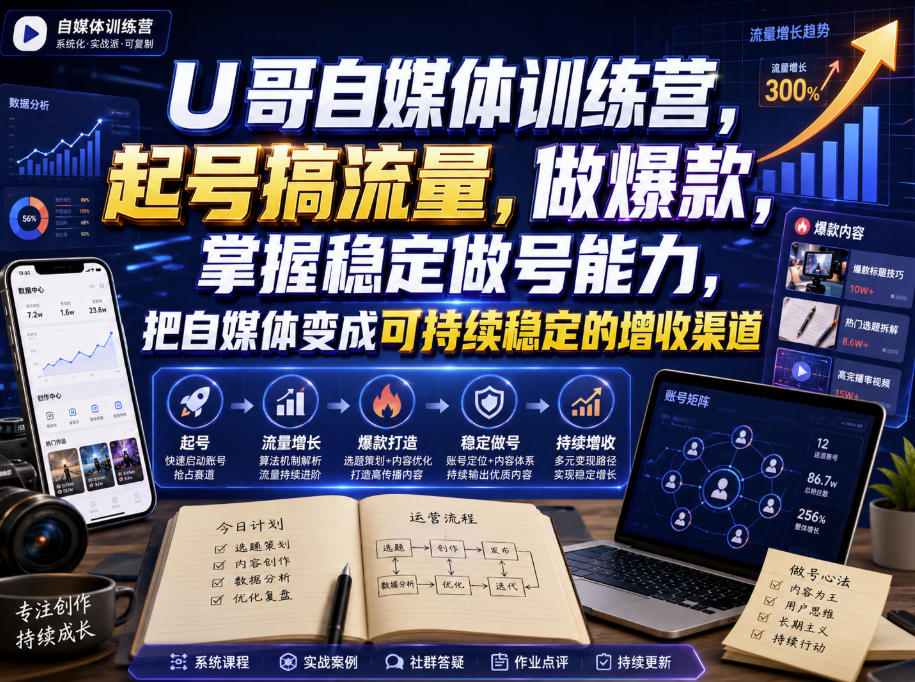 U哥自媒体训练营，起号搞流量，做爆款，掌握稳定做号能力，把自媒体变成可持续稳定的增收渠道-选优云网创