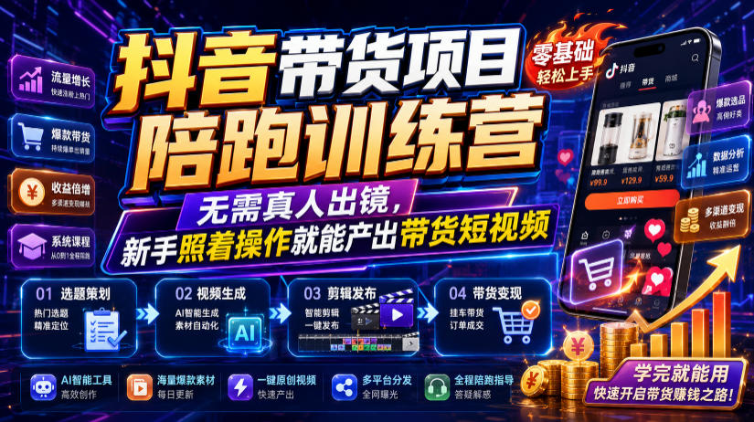 抖音带货项目陪跑训练营，无需真人出镜，新手照着操作就能产出带货短视频-选优云网创