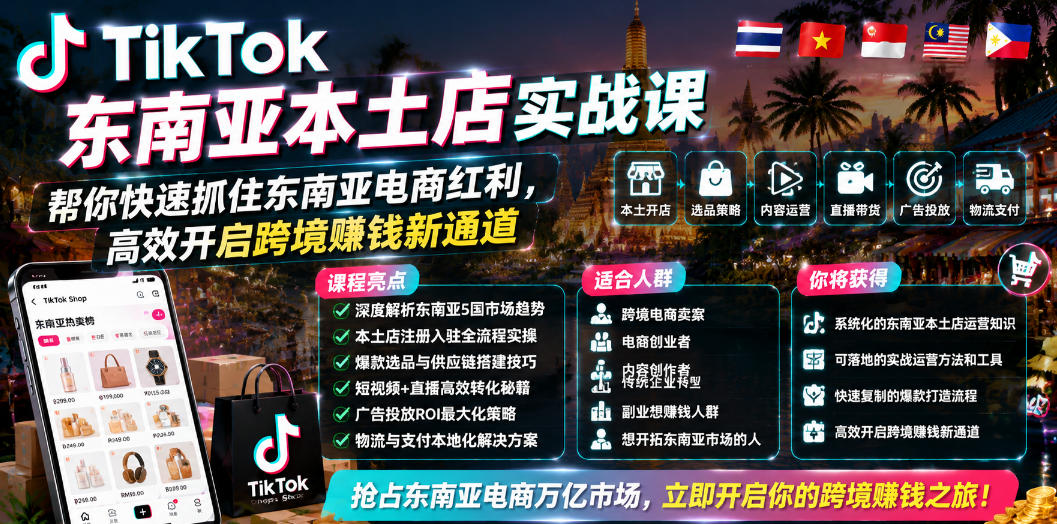 TikTok东南亚本土店实战课，帮你快速抓住东南亚电商红利，高效开启跨境賺钱新通道-选优云网创