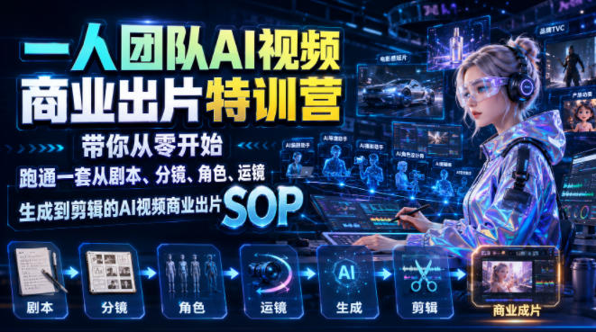 一人团队AI视频商业出片实战课：带你从零开始跑通一套从剧本、分镜、角色、运镜、生成到剪辑的AI视频商业出片SOP-选优云网创