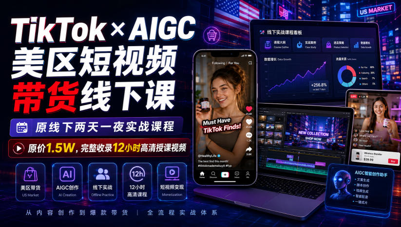 TikTok×AIGC美区短视频带货线下课，原线下两天一夜实战课程，原价1.5W，完整收录12小时高清授课视频-选优云网创