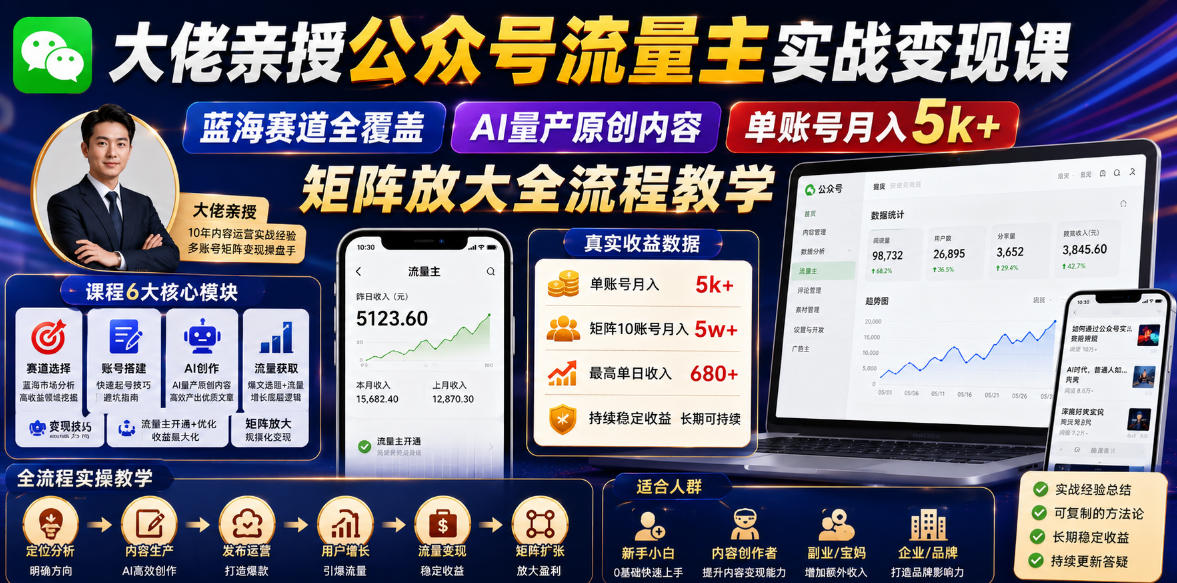 大佬亲授公众号流量主实战变现课，蓝海赛道全覆盖，AI量产原创内容，单账号月入5k+矩阵放大全流程教学-选优云网创