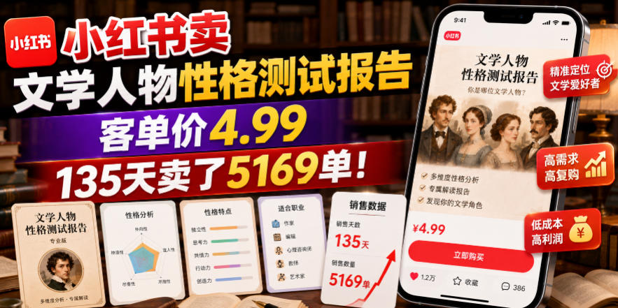 小红书卖文学人物性格测试报告，客单价4.99，135天卖了5169单！-选优云网创