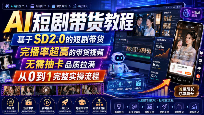 AI短剧带货教程，基于SD2.0的短剧带货，完播率超高的带货视频，无需抽卡品质拉满，从0到1完整实操流程-选优云网创
