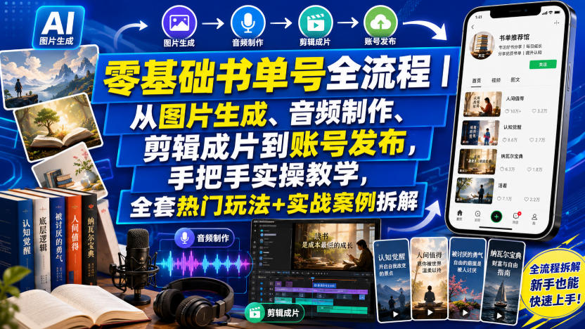 零基础书单号全流程｜从图片生成、音频制作、剪辑成片到账号发布，手把手实操教学，全套热门玩法+实战案例拆解-选优云网创