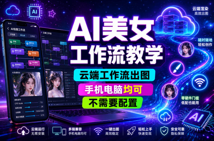 AI美女工作流教学，云端工作流出图，手机电脑均可，不需要配置，快速起号涨粉-选优云网创